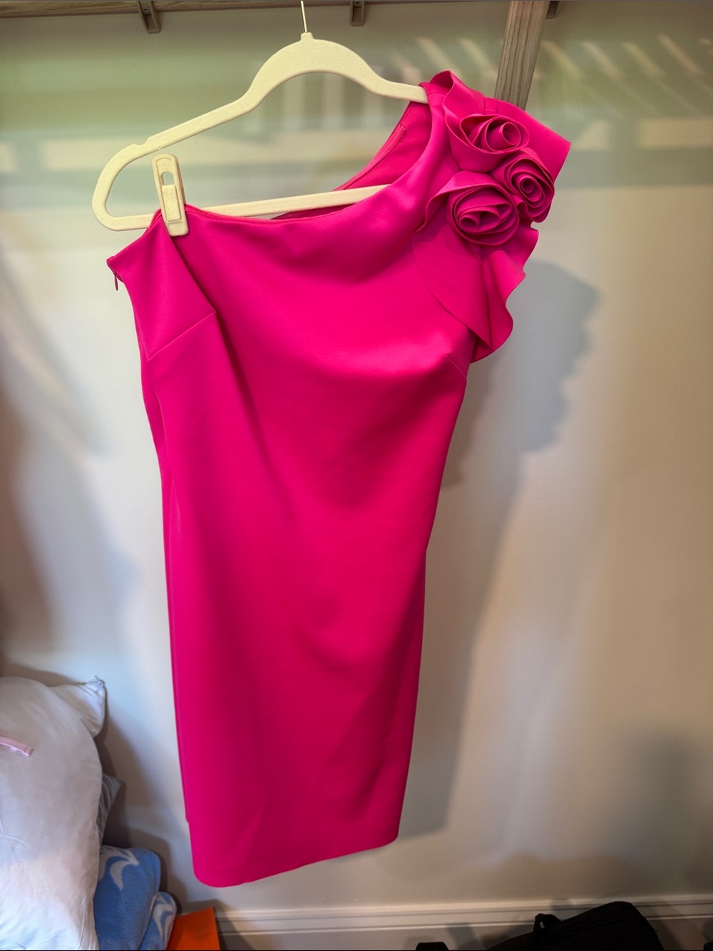 Frank Lyman Design One-Shoulder Hot Pink Rose Appliqué Dress